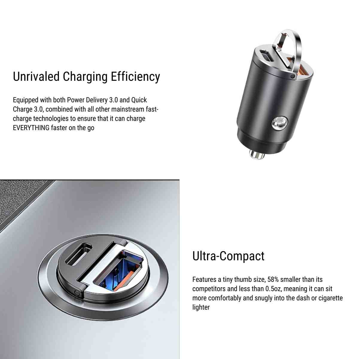 Dual-Port Schnellladegerät fürs Auto | PD 3.0 + QC 3.0 | 30W Ausgangsleistung | Ultrakompaktes Design
