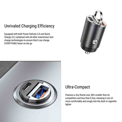 Dual-Port Schnellladegerät fürs Auto | PD 3.0 + QC 3.0 | 30W Ausgangsleistung | Ultrakompaktes Design